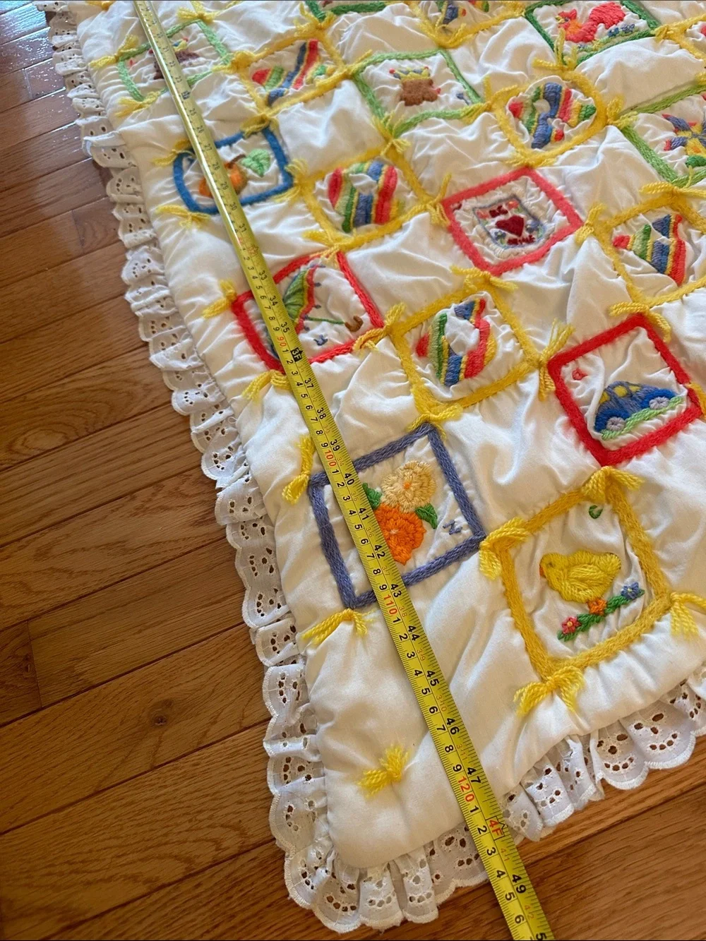 Handmade baby, toddler ABCs embroidered quilt with yellow gingham backing, 1979